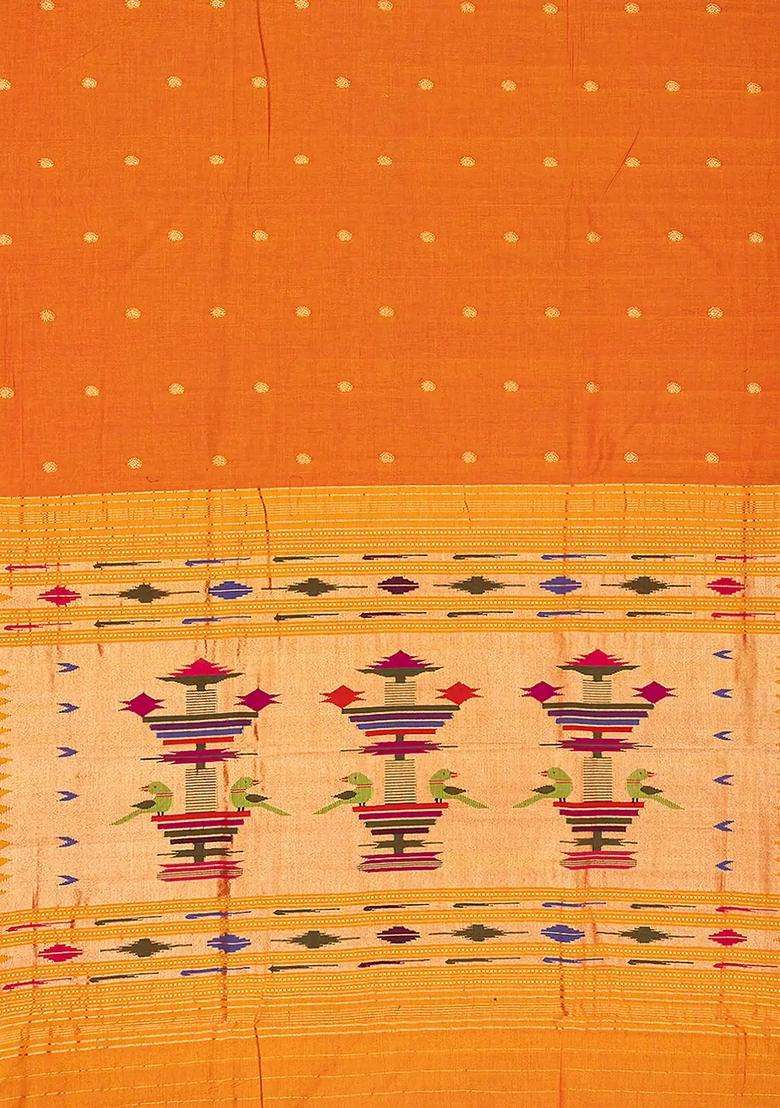 Orange Handloom Paithani Cotton Saree With Mango Buttas Orange With Buttas And Brocade Design For Women - Indya