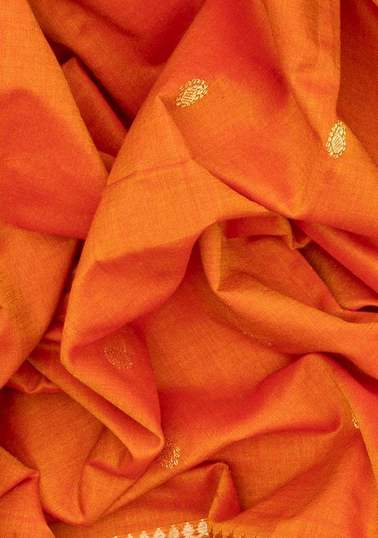 Orange Handloom Paithani Cotton Saree With Mango Buttas Orange With Buttas And Brocade Design For Women - Indya