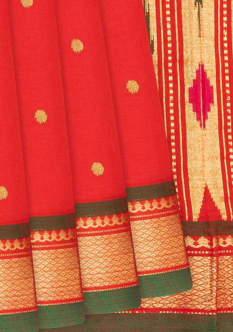 Red Handloom Paithani Cotton Saree With Coin Buttas Red With Buttas And Brocade Design For Women - Indya