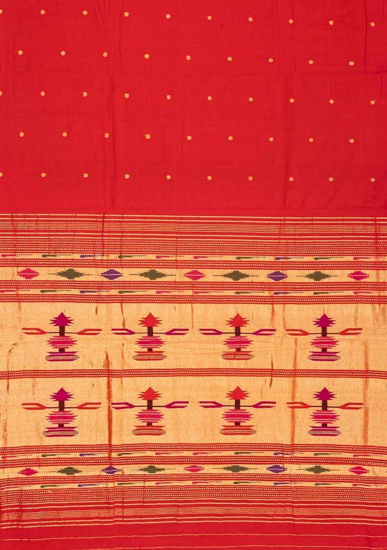 Red Handloom Paithani Cotton Saree With Coin Buttas Red With Buttas And Brocade Design For Women - Indya