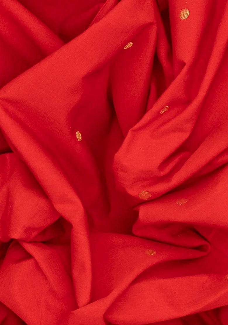 Red Handloom Paithani Cotton Saree With Coin Buttas Red With Buttas And Brocade Design For Women - Indya