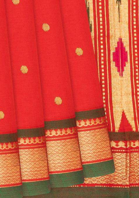Red Handloom Paithani Cotton Saree With Coin Buttas Red With Buttas And Brocade Design For Women
