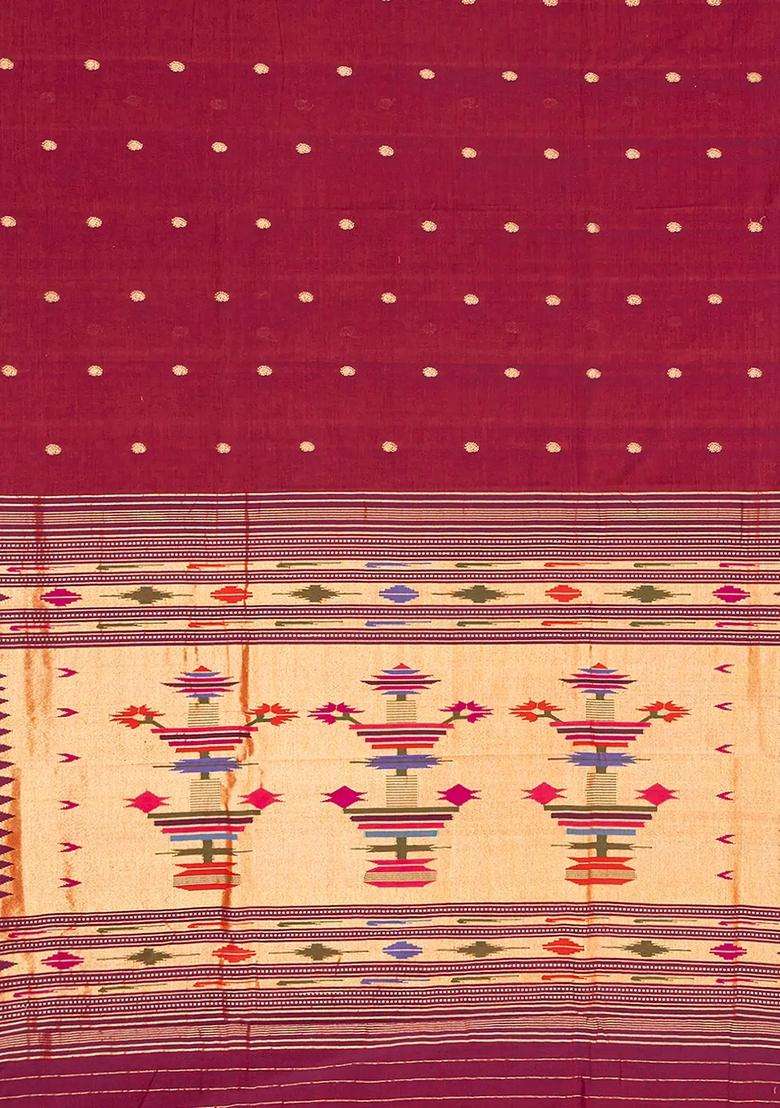 Crimson Handloom Paithani Cotton Saree With Mango Buttas Crimson With Buttas And Brocade Design For Women - Indya