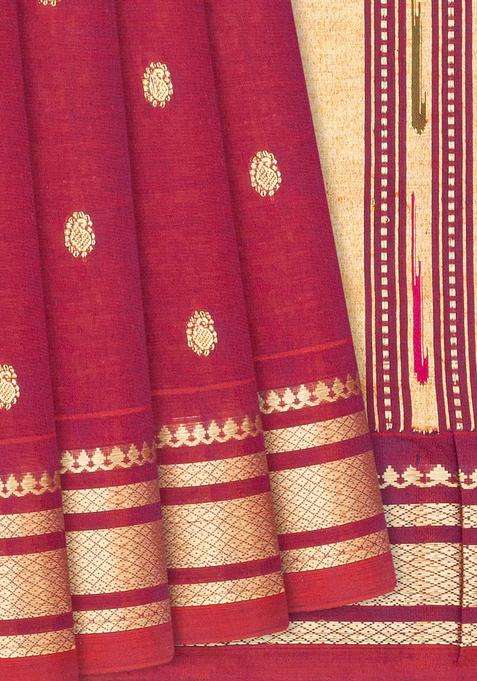 Crimson Handloom Paithani Cotton Saree With Mango Buttas Crimson With Buttas And Brocade Design For Women