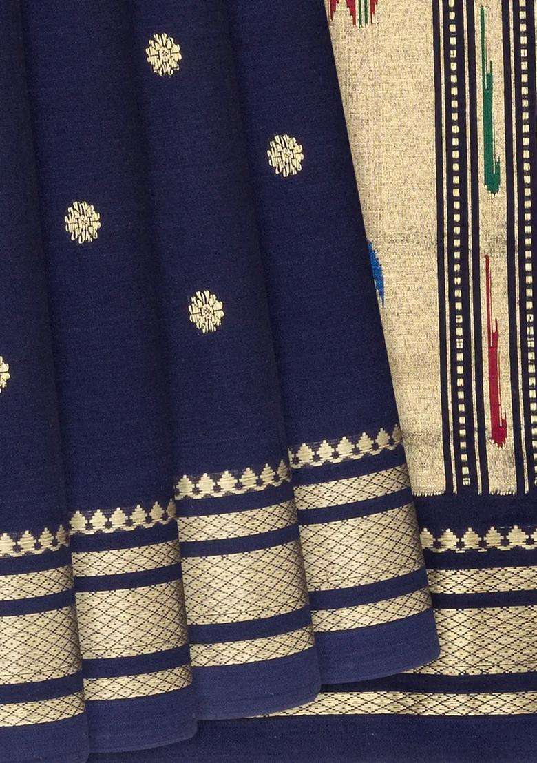 Midnight Blue Handloom Paithani Cotton Saree With Kamalam Buttas Midnight Blue With Buttas And Brocade Design For Women - Indya