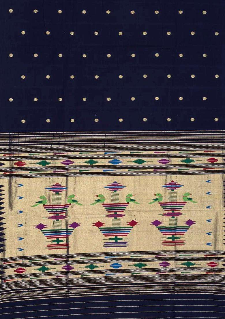 Midnight Blue Handloom Paithani Cotton Saree With Kamalam Buttas Midnight Blue With Buttas And Brocade Design For Women - Indya