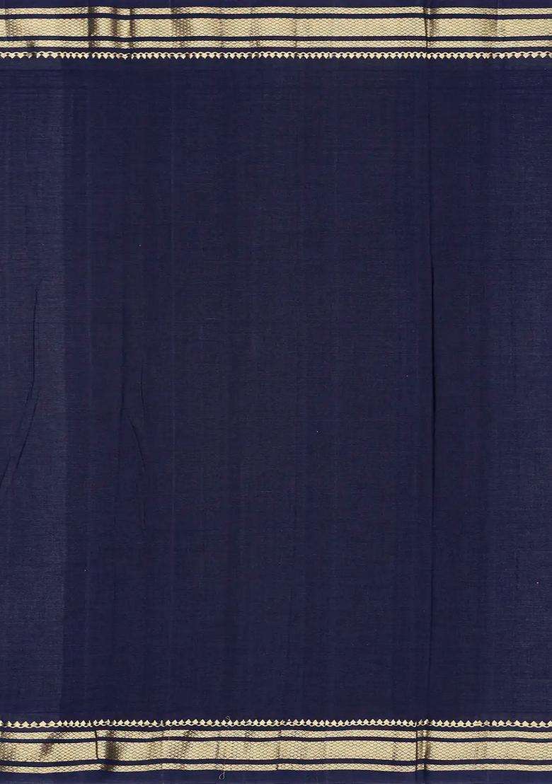 Midnight Blue Handloom Paithani Cotton Saree With Kamalam Buttas Midnight Blue With Buttas And Brocade Design For Women - Indya