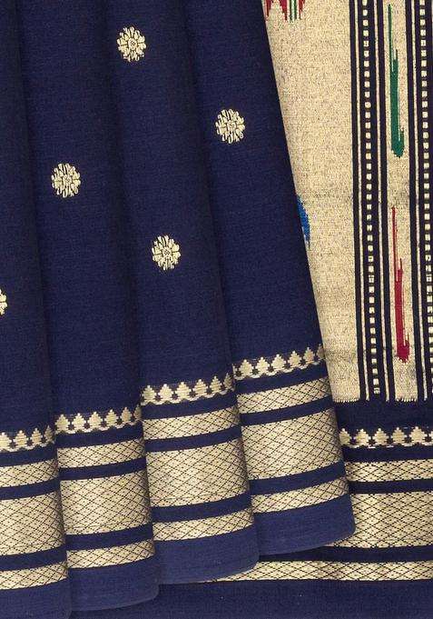 Midnight Blue Handloom Paithani Cotton Saree With Kamalam Buttas Midnight Blue With Buttas And Brocade Design For Women