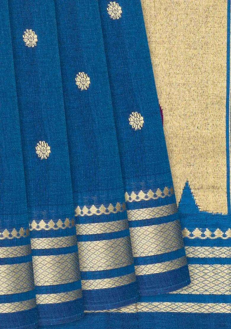 Blue Handloom Paithani Cotton Saree With Kamalam Buttas Blue With Buttas And Brocade Design For Women - Indya