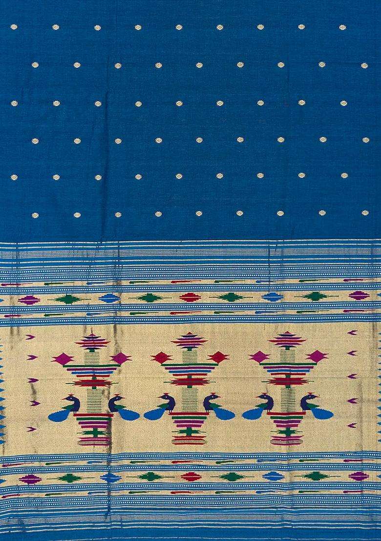 Blue Handloom Paithani Cotton Saree With Kamalam Buttas Blue With Buttas And Brocade Design For Women - Indya