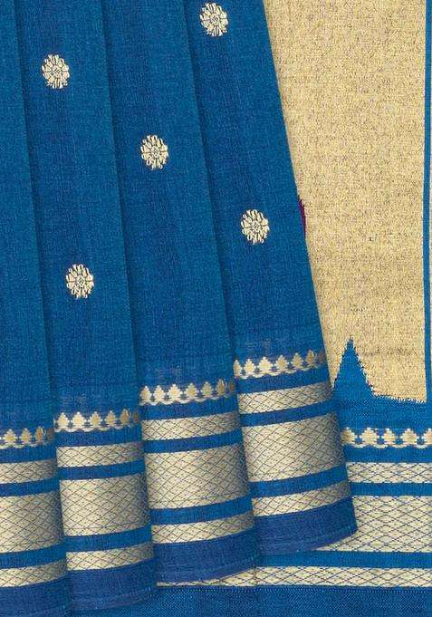 Blue Handloom Paithani Cotton Saree With Kamalam Buttas Blue With Buttas And Brocade Design For Women