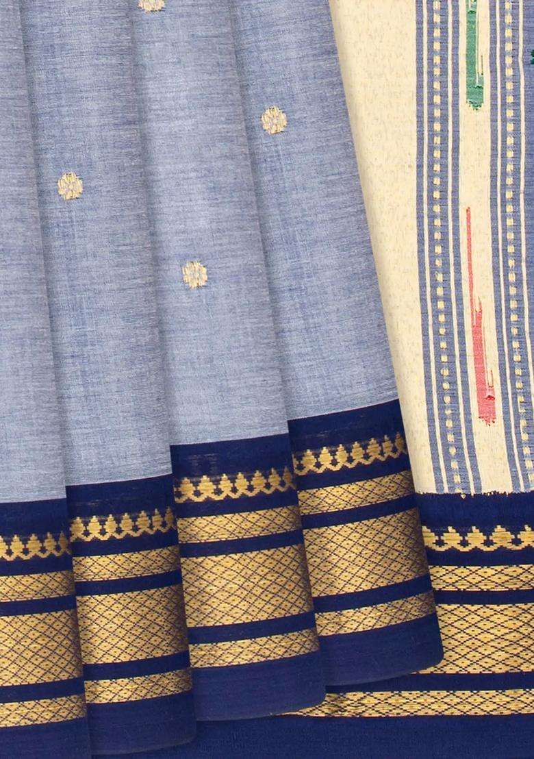 Grey Handloom Paithani Cotton Saree With Kamalam Buttas Grey With Buttas And Brocade Design For Women - Indya