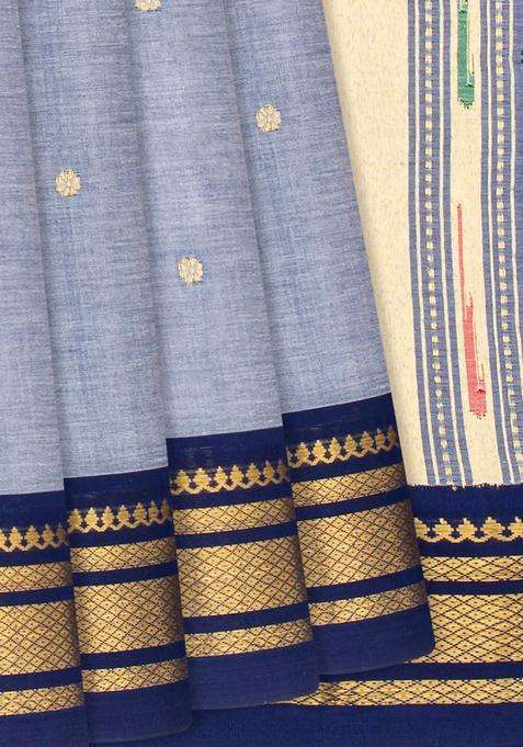 Grey Handloom Paithani Cotton Saree With Kamalam Buttas Grey With Buttas And Brocade Design For Women