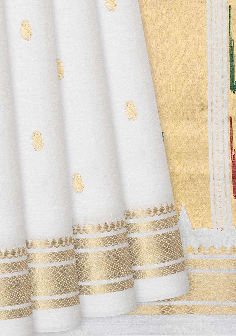White Handloom Paithani Cotton Saree With Mango Buttas White With Buttas And Brocade Design For Women - Indya
