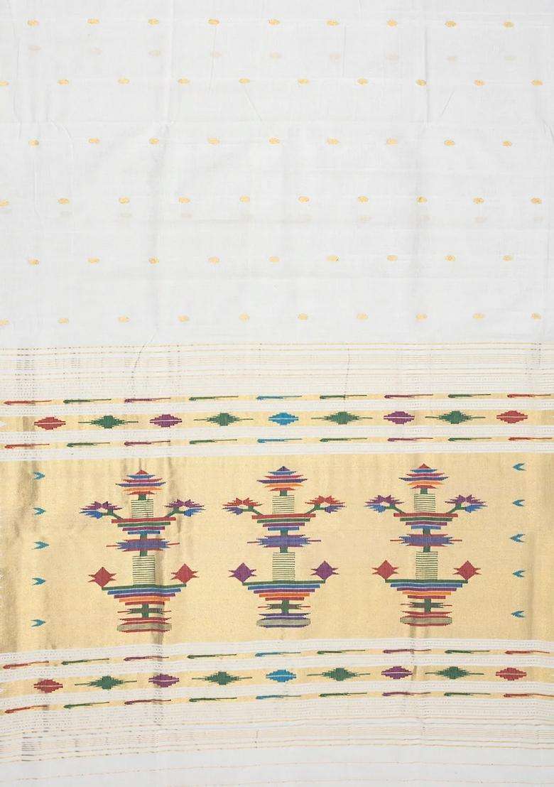 White Handloom Paithani Cotton Saree With Mango Buttas White With Buttas And Brocade Design For Women - Indya