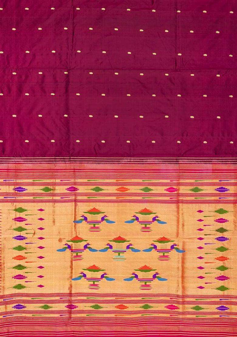 Crimson Handloom Paithani Silk Saree With Mango Zari Buttas Crimson With Buttas And Brocade Design For Women - Indya