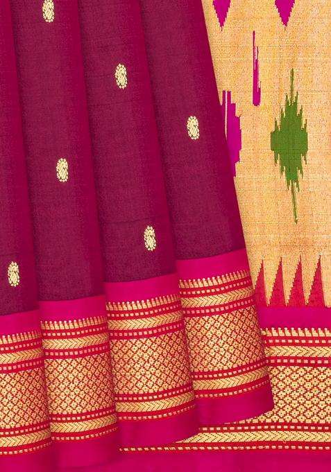 Crimson Handloom Paithani Silk Saree With Mango Zari Buttas Crimson With Buttas And Brocade Design For Women