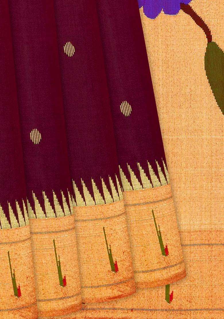 Maroon Handloom Paithani Silk Saree With Coin Buttas Temple Border Maroon With Korvai And Temple Border Design For Women - Indya