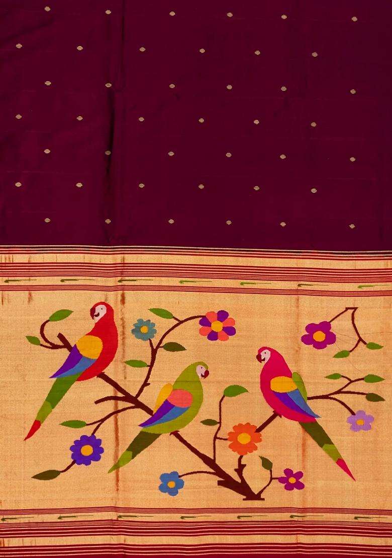 Maroon Handloom Paithani Silk Saree With Coin Buttas Temple Border Maroon With Korvai And Temple Border Design For Women - Indya