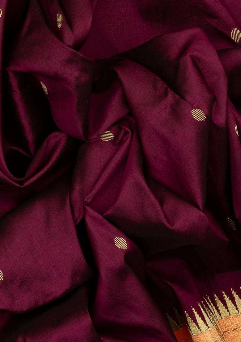 Maroon Handloom Paithani Silk Saree With Coin Buttas Temple Border Maroon With Korvai And Temple Border Design For Women - Indya