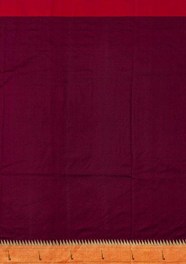 Maroon Handloom Paithani Silk Saree With Coin Buttas Temple Border Maroon With Korvai And Temple Border Design For Women - Indya