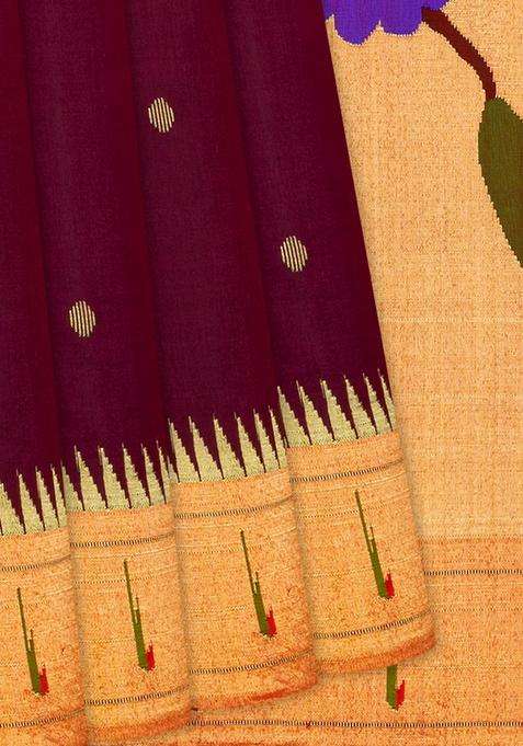Maroon Handloom Paithani Silk Saree With Coin Buttas Temple Border Maroon With Korvai And Temple Border Design For Women