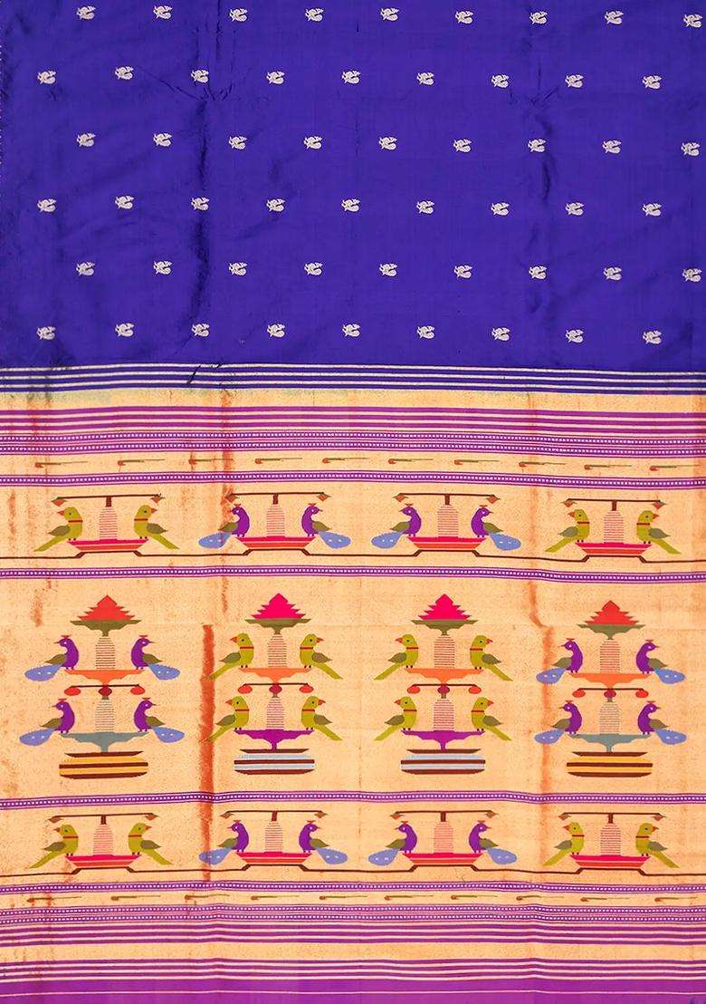 Purple Handloom Paithani Silk Saree With Annam Buttas Temple Border Purple With Korvai And Temple Border Design For Women - Indya