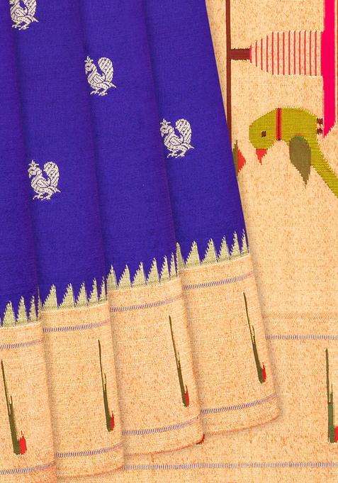 Purple Handloom Paithani Silk Saree With Annam Buttas Temple Border Purple With Korvai And Temple Border Design For Women