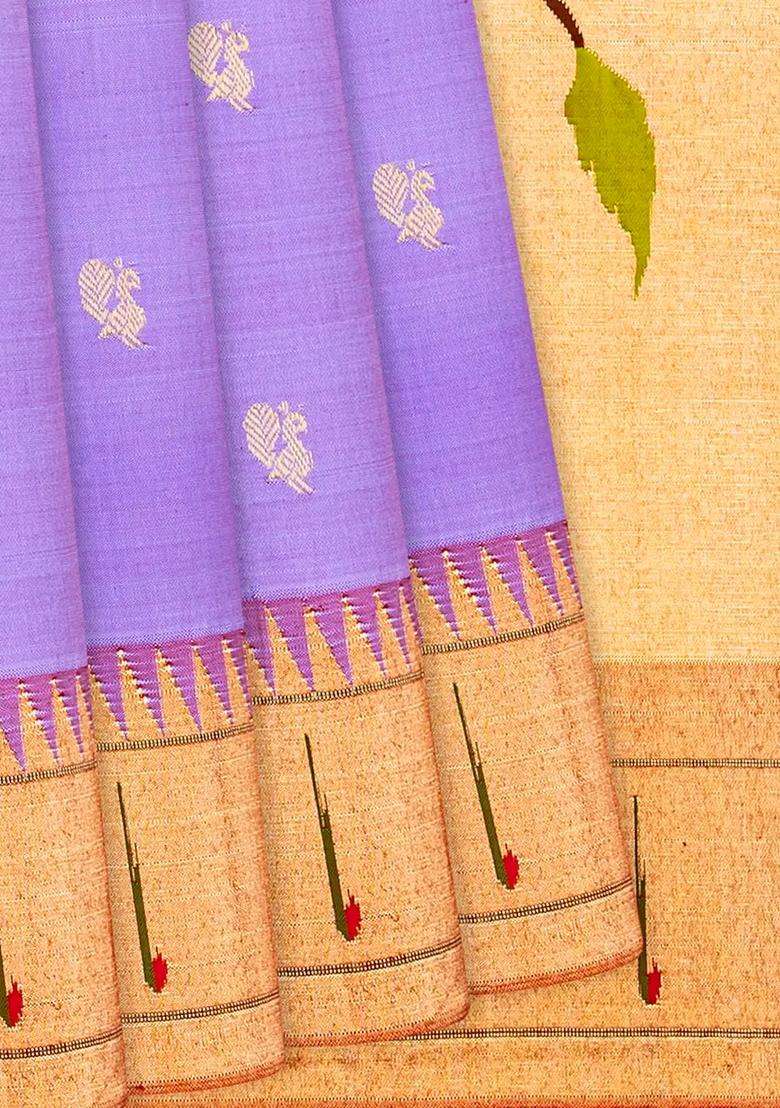 Lavender Handloom Paithani Silk Saree With Annam Buttas Temple Border Lavander With Korvai And Temple Border Design For Women - Indya