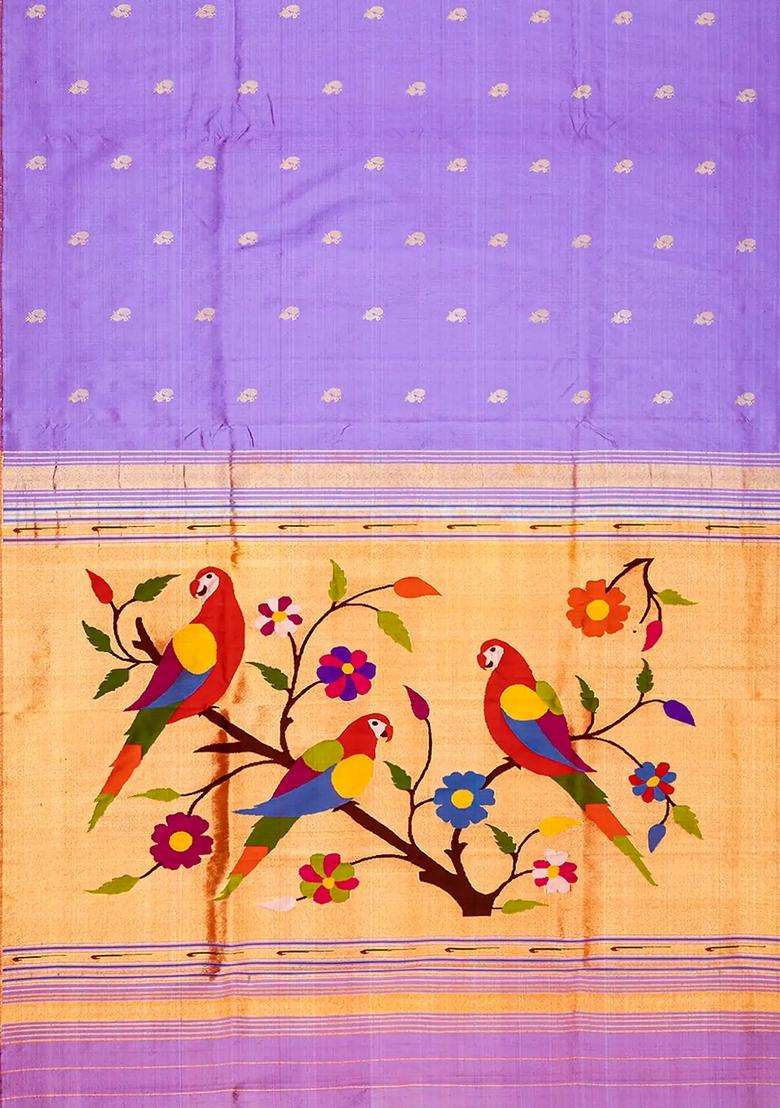 Lavender Handloom Paithani Silk Saree With Annam Buttas Temple Border Lavander With Korvai And Temple Border Design For Women - Indya
