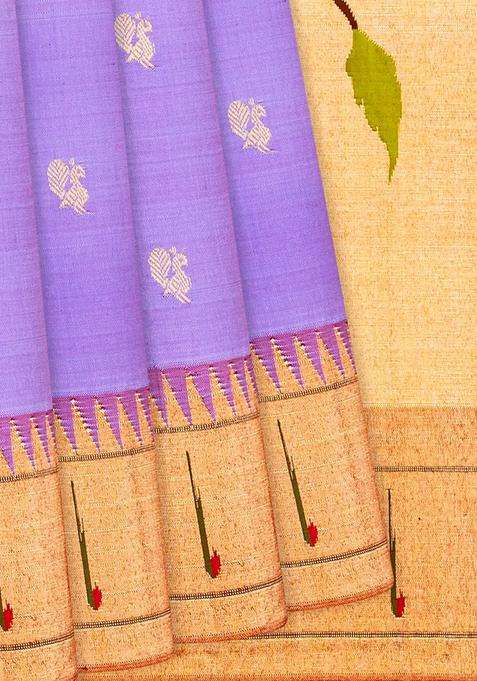 Lavender Handloom Paithani Silk Saree With Annam Buttas Temple Border Lavander With Korvai And Temple Border Design For Women