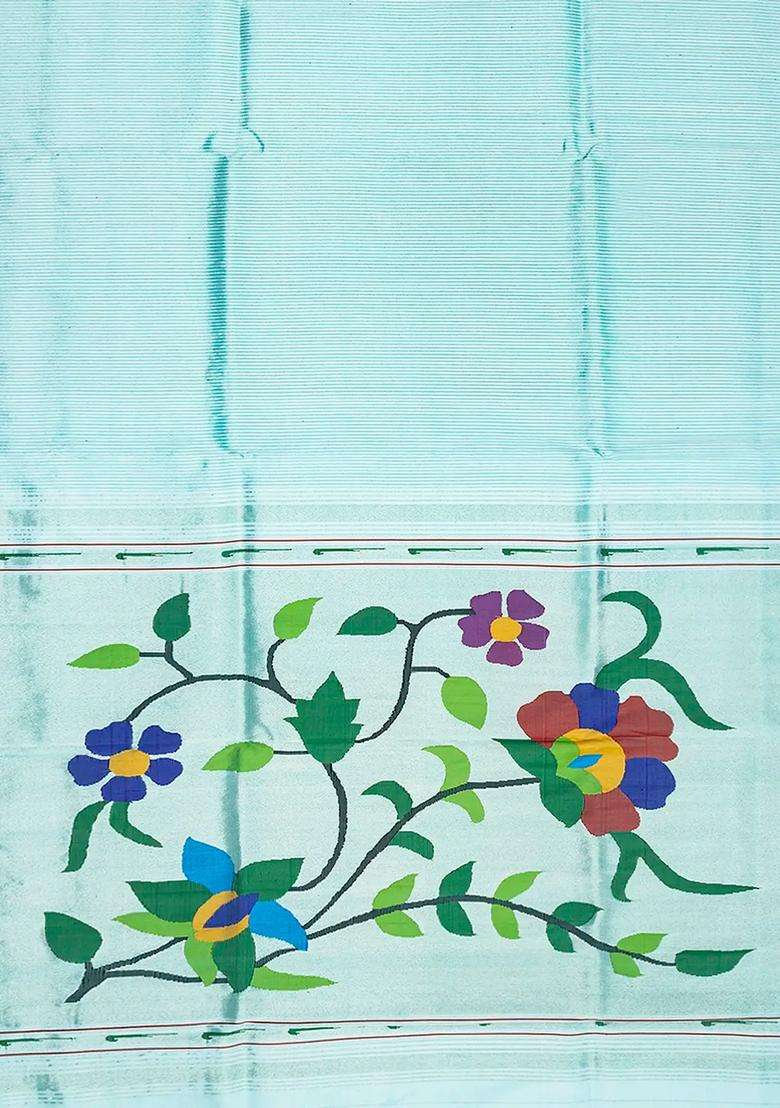 Turquoise Handloom Paithani Silk Saree With Stripes Turquoise With Checks And Stripes Design For Women - Indya