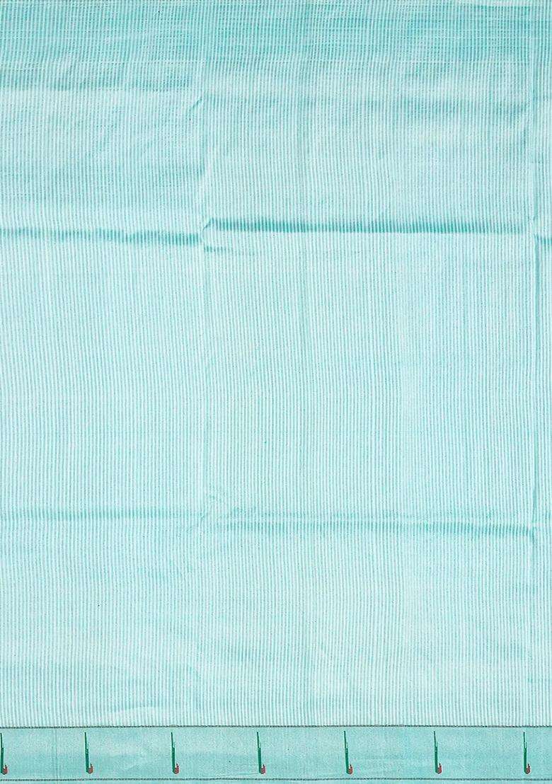Turquoise Handloom Paithani Silk Saree With Stripes Turquoise With Checks And Stripes Design For Women - Indya