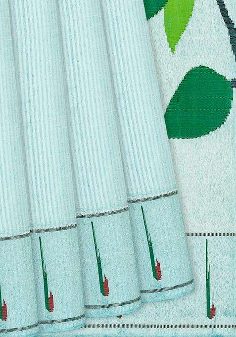 Turquoise Handloom Paithani Silk Saree With Stripes Turquoise With Checks And Stripes Design For Women