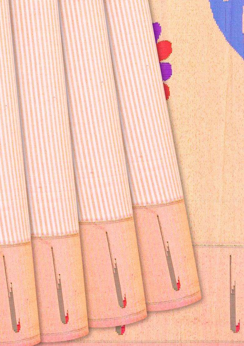 Baby Pink Handloom Paithani Silk Saree With Stripes Baby Pink With Checks And Stripes Design For Women - Indya