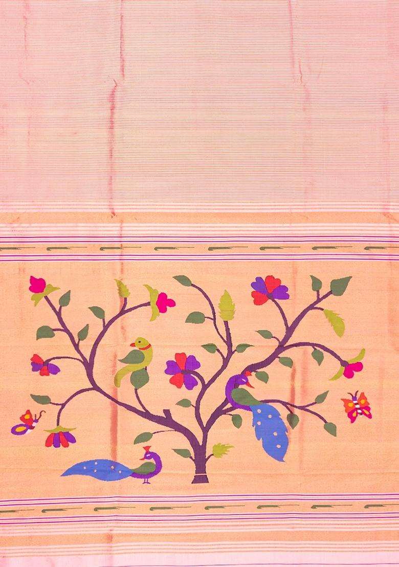 Baby Pink Handloom Paithani Silk Saree With Stripes Baby Pink With Checks And Stripes Design For Women - Indya