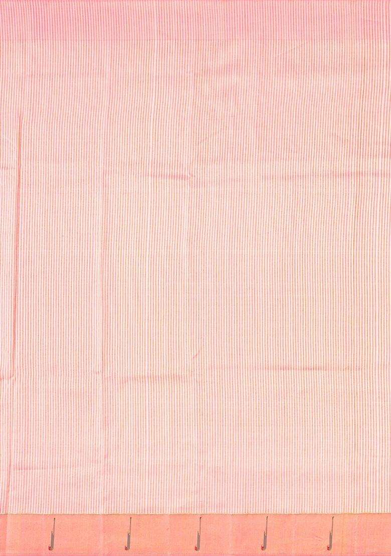 Baby Pink Handloom Paithani Silk Saree With Stripes Baby Pink With Checks And Stripes Design For Women - Indya