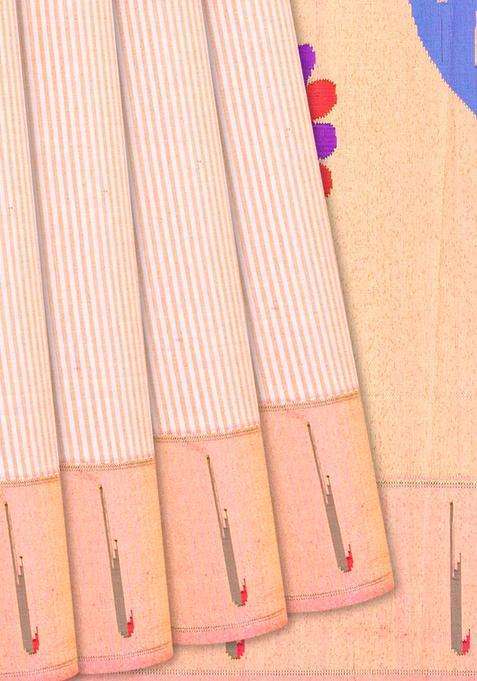 Baby Pink Handloom Paithani Silk Saree With Stripes Baby Pink With Checks And Stripes Design For Women