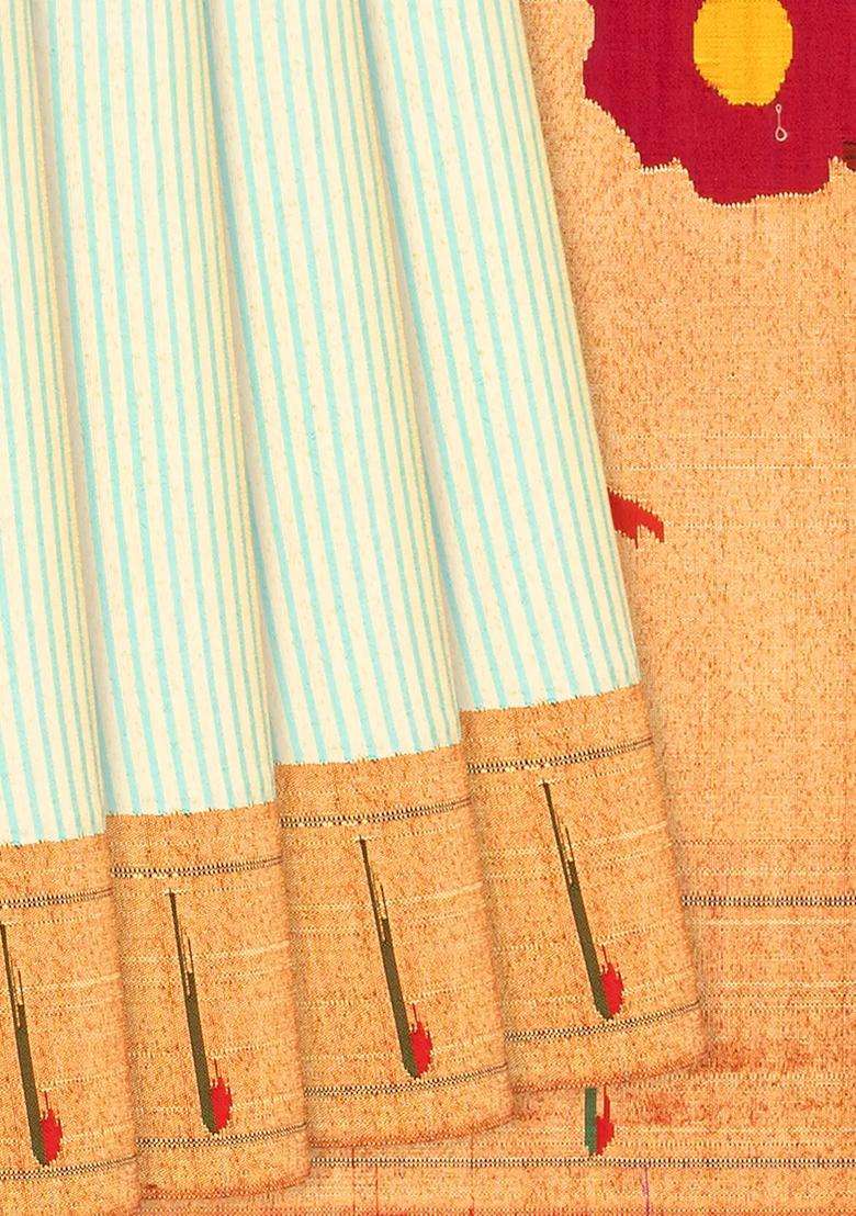 Light Green Handloom Paithani Silk Saree With Stripes Light Green With Checks And Stripes Design For Women - Indya