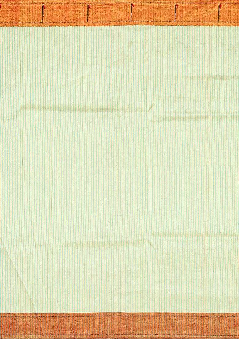 Light Green Handloom Paithani Silk Saree With Stripes Light Green With Checks And Stripes Design For Women - Indya