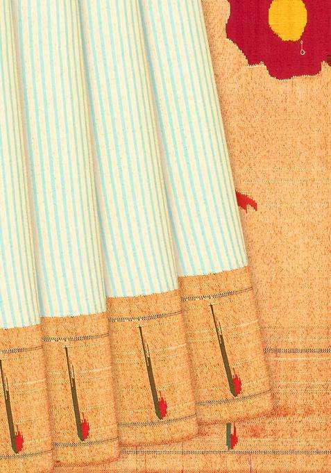 Light Green Handloom Paithani Silk Saree With Stripes Light Green With Checks And Stripes Design For Women