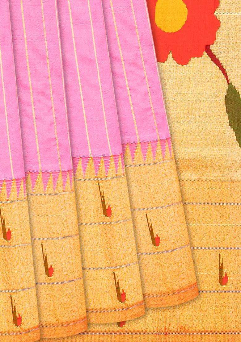 Bubble Gum Pink Handloom Paithani Silk Saree With Stripes Bubblegum Pink With Checks And Stripes Design For Women - Indya