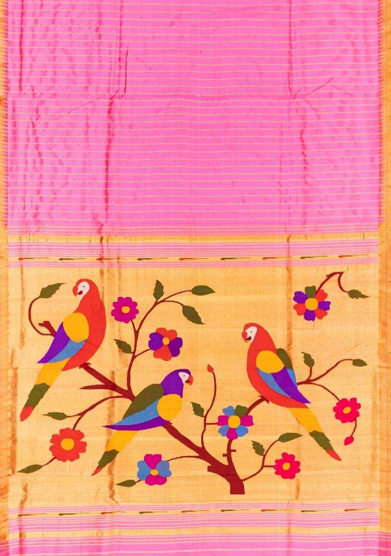 Bubble Gum Pink Handloom Paithani Silk Saree With Stripes Bubblegum Pink With Checks And Stripes Design For Women - Indya