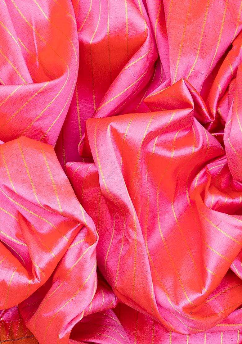 Bubble Gum Pink Handloom Paithani Silk Saree With Stripes Bubblegum Pink With Checks And Stripes Design For Women - Indya
