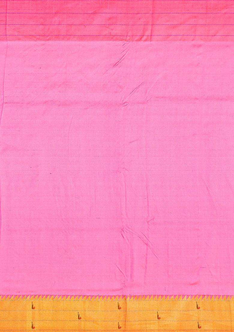 Bubble Gum Pink Handloom Paithani Silk Saree With Stripes Bubblegum Pink With Checks And Stripes Design For Women - Indya