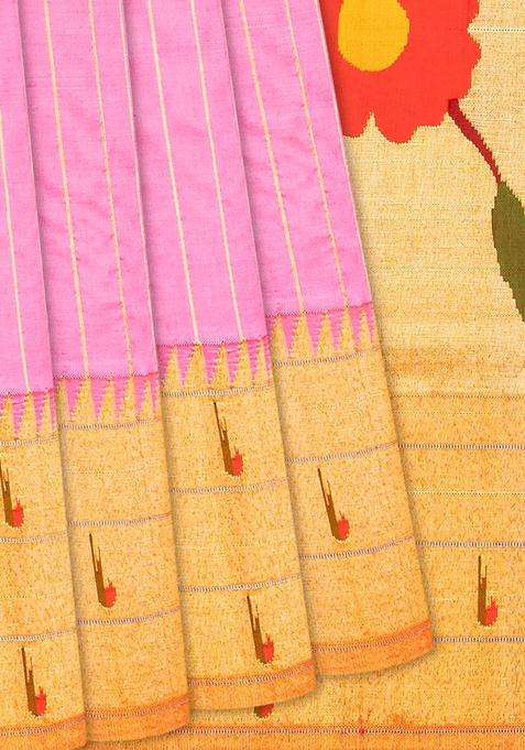 Bubble Gum Pink Handloom Paithani Silk Saree With Stripes Bubblegum Pink With Checks And Stripes Design For Women
