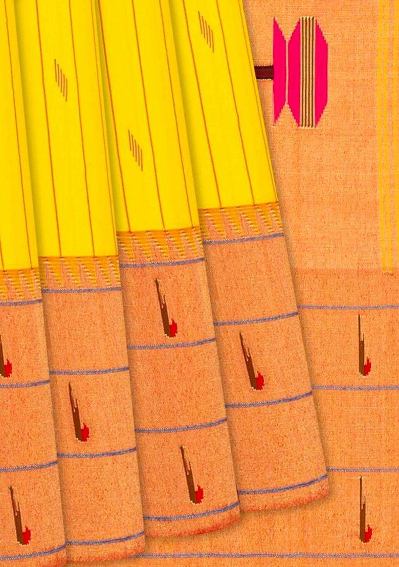 Yellow Handloom Paithani Silk Saree With Stripes Buttas Yellow With Buttas And Brocade Design For Women - Indya