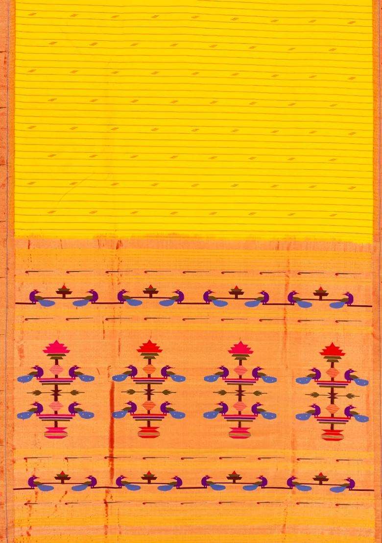 Yellow Handloom Paithani Silk Saree With Stripes Buttas Yellow With Buttas And Brocade Design For Women - Indya