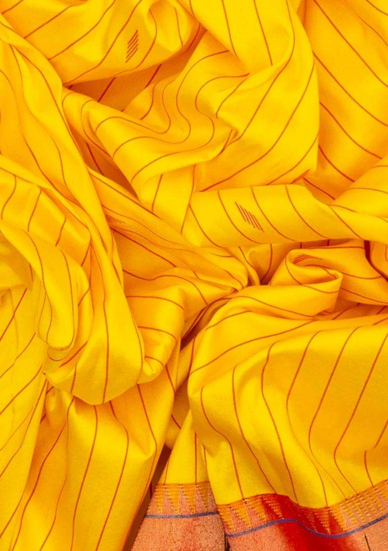 Yellow Handloom Paithani Silk Saree With Stripes Buttas Yellow With Buttas And Brocade Design For Women - Indya