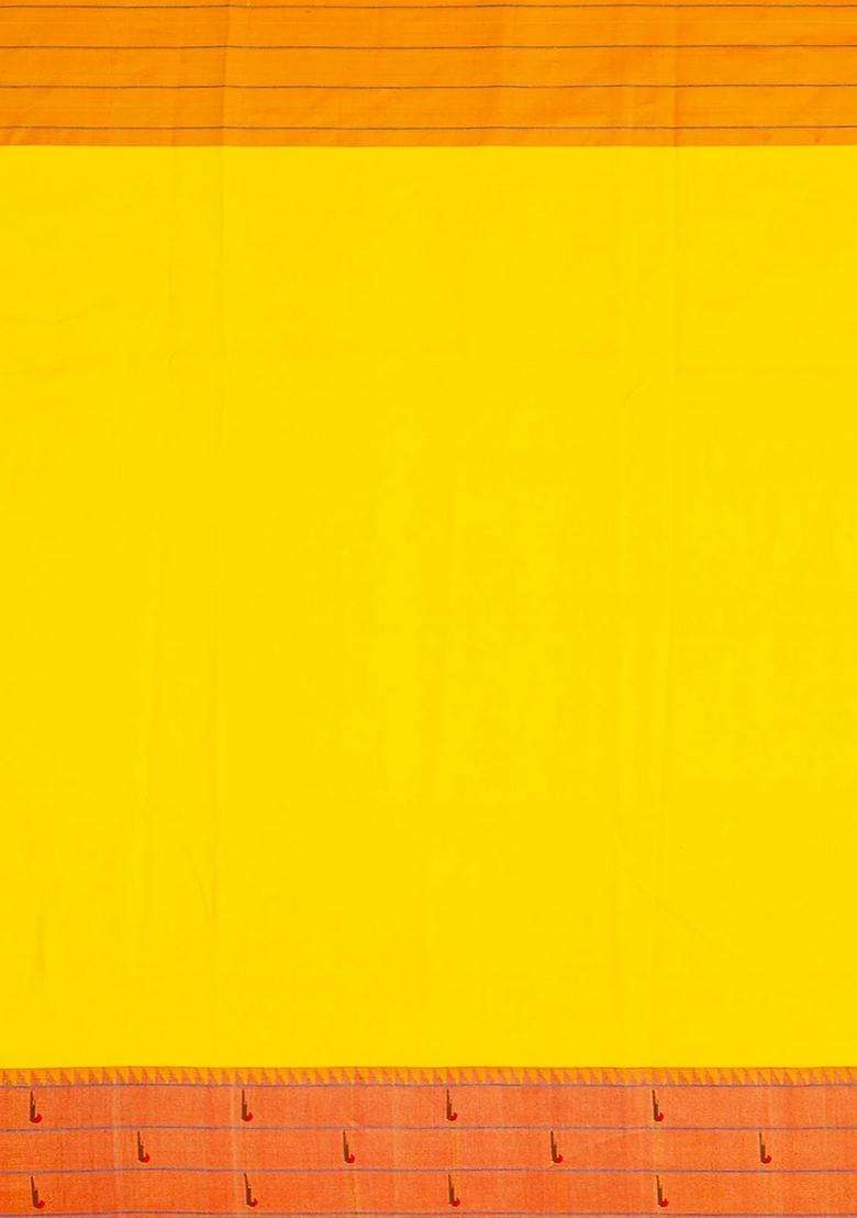 Yellow Handloom Paithani Silk Saree With Stripes Buttas Yellow With Buttas And Brocade Design For Women - Indya